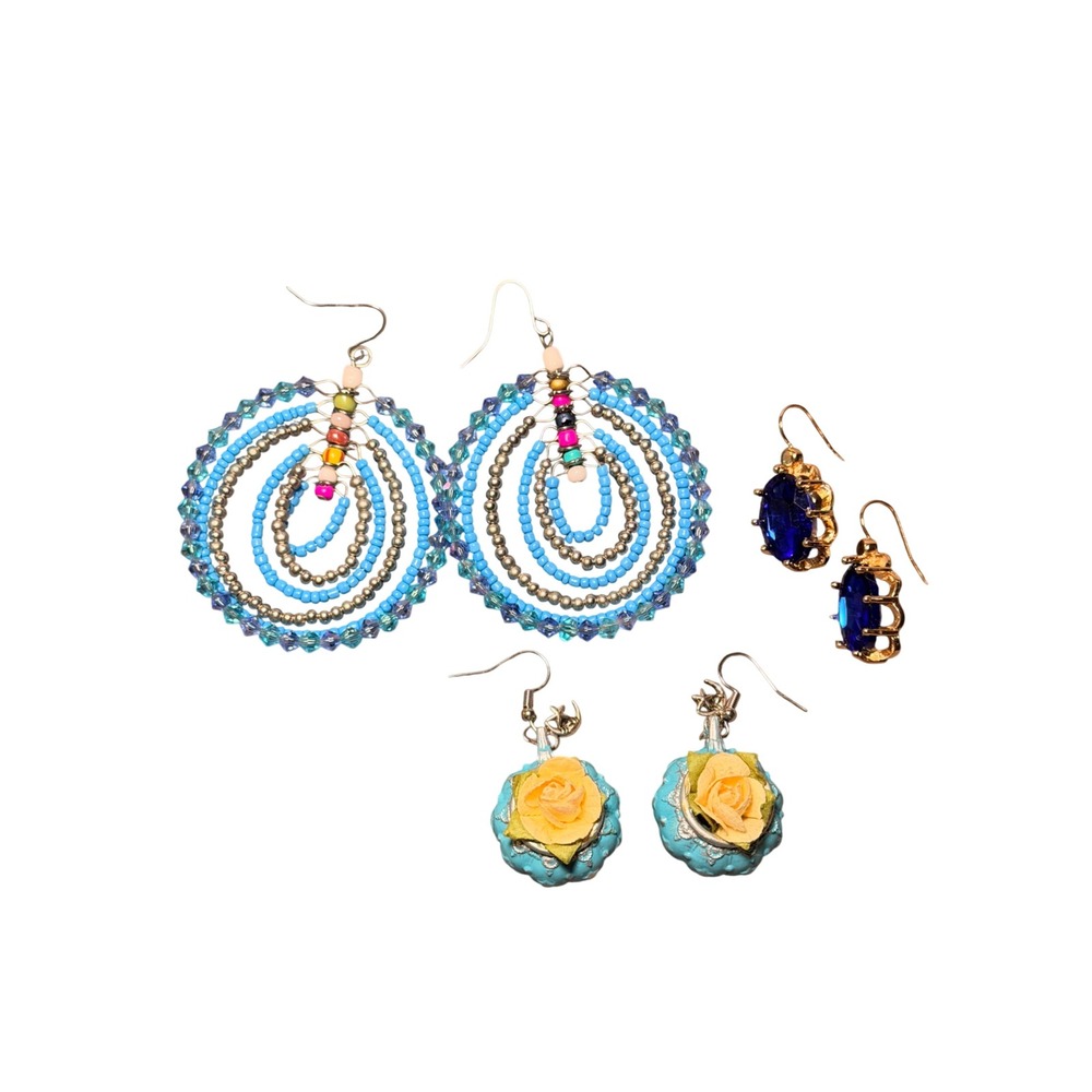Blue Statement Earring Bundle Beaded Teacup Gold … - image 1